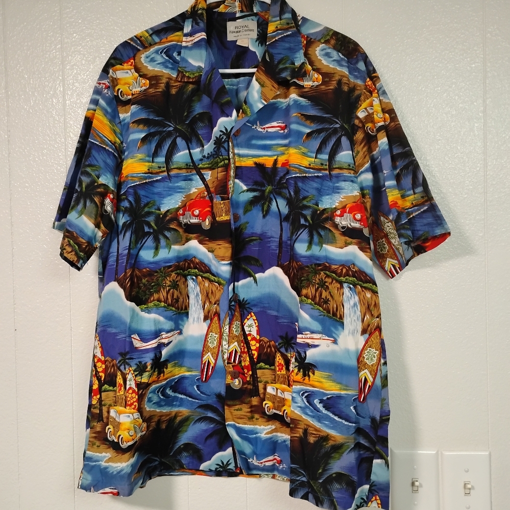 Royal Creations Made In Hawaii Surf Beach Print Short Sleeve Button-Up Shirt XL